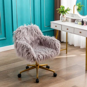 Faux Fur Desk Chair Fluffy Office Chair Swivel Armchair Makeup Vanity Chair Gray - Picture 1 of 6