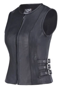 Chaleco de cuero para motocicleta True Element para mujer con hebilla lateral con cremallera frontal (XS-3XL) - Imagen 1 de 4