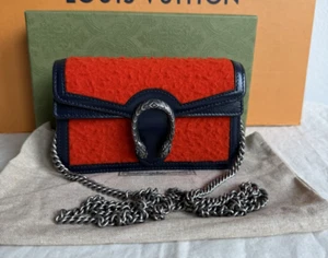 Gucci Dionysus Super Mini CrossBody Bag Red Tweed Wool Navy Blue Leather Chain - Picture 1 of 21