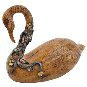 Faux Wood Swan Decoy Statue w/Detailed Flowers Hand Carved Country Primitive EUC - Picture 1 of 10