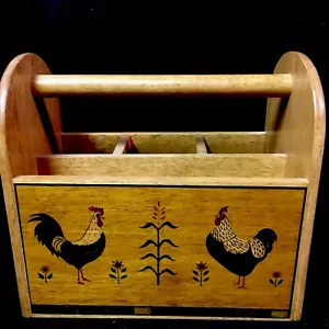 Vintage Farmhouse Rooster Chicken Painted Solid Wood Caddy Organizer - Picture 1 of 8