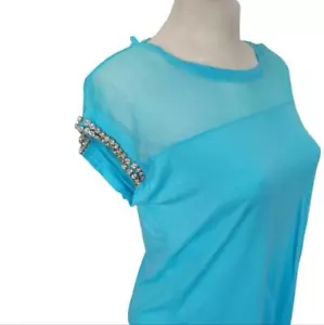 NWT INC Women's Teal Blue Sheer Rhinestone Cap Sleeve Summer Top Beachy / Large - Picture 1 of 9