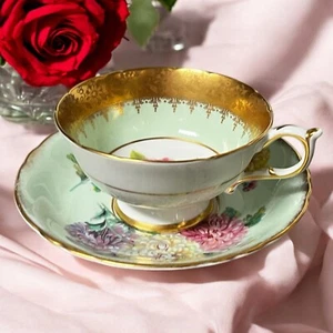 Juego de tazas y platillos ingleses vintage Paragon verde menta floral matrimonio desajuste - Imagen 1 de 7