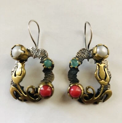 Signed 925 Sterling Silver and Brass Pearl Red Jasper & Sea Green Stone Earrings - Image 1 of 4