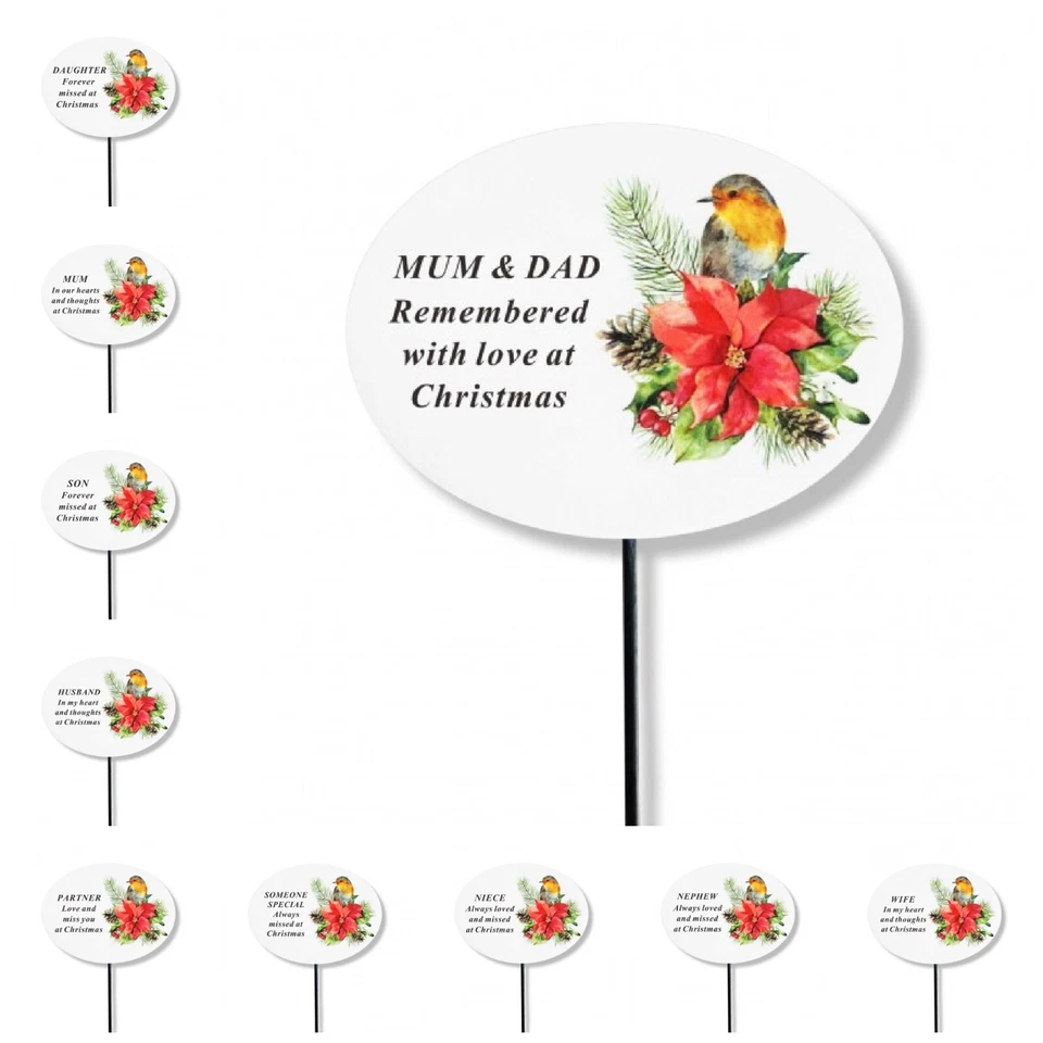 White Christmas Robin Poinsettia Memorial Stick Xmas Tribute Spike Grave Stake - Image 1 of 1