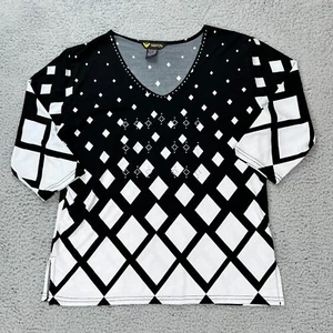 Valentina Polyester Stretchy Blouse Shirt Black and White Shapes Size Medium - Picture 1 of 8