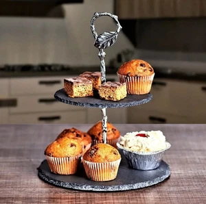 2 Tier Slate Cake Stand Serving Stand Fruit Platter Tray Dessert Cupcake Holder - Picture 1 of 2