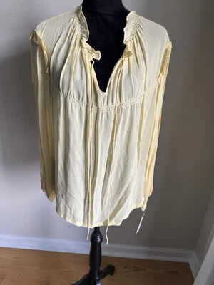Ladies DKNY Pale Yellow 100%Silk Sheer Blouse Ruffle Size 14 Long Sleeve NWT - Image 1 of 4