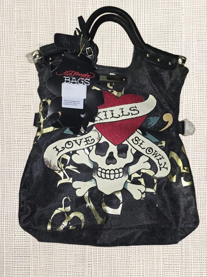 Bolso de Mano Ed Hardy Dorado Bronce Y2K Años 90 Love Kills Lentamente Calavera Tatuaje Tanya Nuevo con Etiquetas Foto 1 de 3