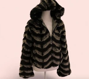 Y2K Baby Phat faux fur jacket w/ hoodie in black&gray Sz L Perfect Condition - Picture 1 of 8