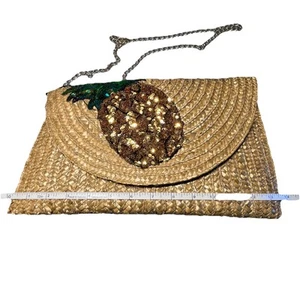 Betsey Johnson Pineapple Sequin Straw Clutch Crossbody Gold Chain Tropical Vibe - Picture 1 of 10