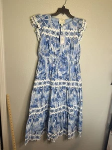 CK Bradley Sail to Sable Blue Ric Rac Flutter Sleeve Tiered Midi Dress Large - Picture 1 of 6