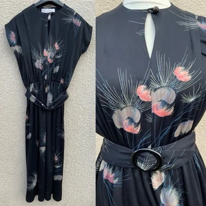 TRUE VINTAGE 70’s MARISA ART DECO 30’s FEATHER PRINT SUN TEA DRESS M 12 14 - Picture 1 of 7