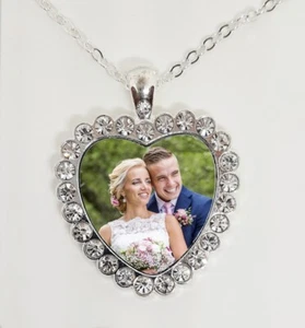 Personalised Necklace Rhinestone Heart pendant Custom PHOTO printed picture - Picture 1 of 2