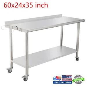 Stainless Steel 60"x24" NSF Commercial Work Prep Table with Backsplash & Wheels - Picture 1 of 6