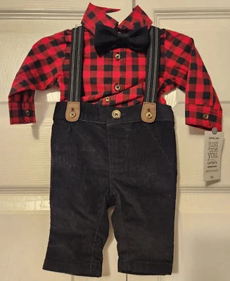 Boys Pant Set Buffalo Plaid Just One You Carters Bowtie NB Baby Suspenders NEW - Image 1 of 4