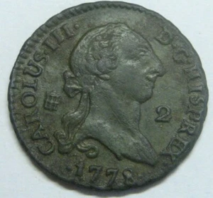 1778 SEGOVIA 2 MARAVEDIS CHARLES III HIGH GRADE TONED SPANISH COLONIAL COPPER - Picture 1 of 2