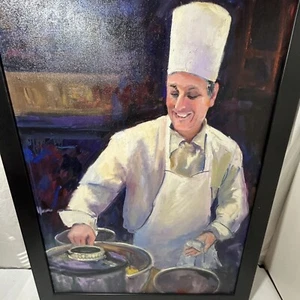 Original Oil on Canvas Painting Signed Chef Cooking Portrait Man Kitchen Dining - Picture 1 of 21