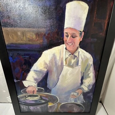 Original Oil on Canvas Painting Signed Chef Cooking Portrait Man Kitchen Dining - Image 1 of 4