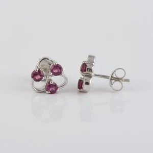 Natural Pink Rhodolite Gemstone Sterling Silver Floral Stud Earrings - Picture 1 of 3