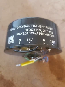 50 VA Toroidal Transformer. RS Stock No. 207-425 max load 25VA per winding. 1... - Picture 1 of 5