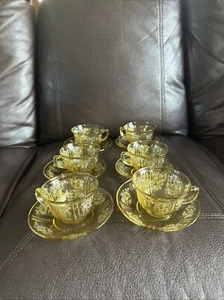 VTG Amber Federal Glass Sharon Cabbage Rose Coffee Tea Cup & Saucer Sets X 6 - Picture 1 of 22