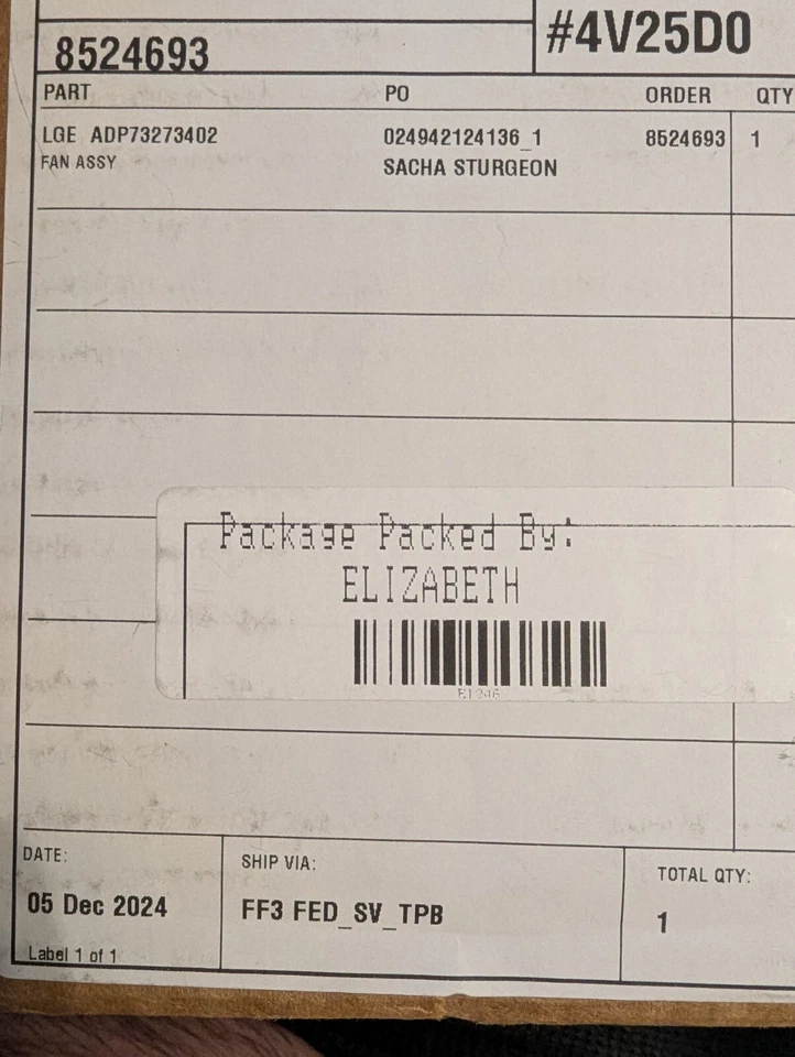 LG ADP73273402 1/2" FAN ASSEMBLY POWER REPLACEMENT