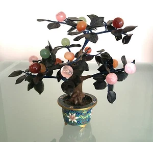 Antique Vintage Chinese Jade Bonsai Tree in Cloisonne Flower Pot 741A - Picture 1 of 10