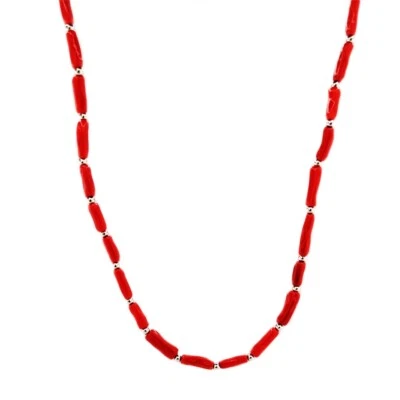 Collana corallo rosso cannettine 50cm argento925 dorato gioiello unisex - Immagine 1 di 4