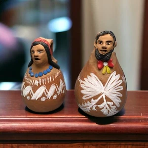 Rare Pair Folk Art Pottery Clay Woman Man Face Jugs 3D Handmade Mexico Primitive - Picture 1 of 12