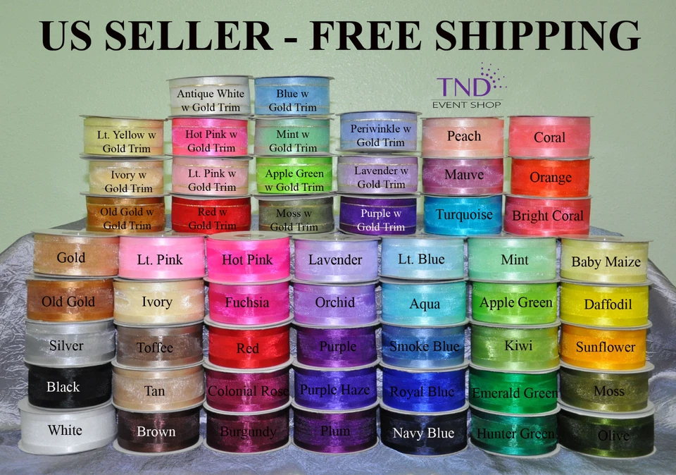 CINTAS DE ORGANZA BORDE SATINADO ROLLOS DE 25 YARDAS 3/8” 5/8” 7/8” 1,5” DE ANCHO  Foto 1 de 1