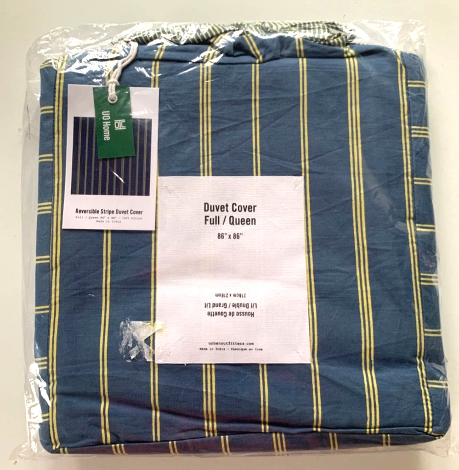 Funda Nórdica URBAN OUTFITTERS COMPLETA/QUEEN Algodón RAYAS REVERSIBLES Azul Amarillo Nueva con Etiquetas Foto 1 de 4