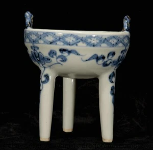 5" Old Chinese Blue White Porcelain Flower 2 Ear Stem Incense Burner Censer - Picture 1 of 9