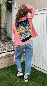 SELENA QUINTANILLA Queen of Tejano Music Upcycled Retro Pink Denim Jacket Size L - Picture 1 of 13