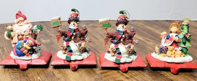 4 винтажных чугунных держателя для рождественских чулок 1 девочка с елкой, 2 снеговика, 1 Санта - Изображение 1 из 4