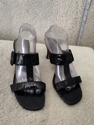 Anne Klein Women Sandals 9.5M Black Leather Slip On Kitten Heel Strappy Shoes - Image 1 of 4