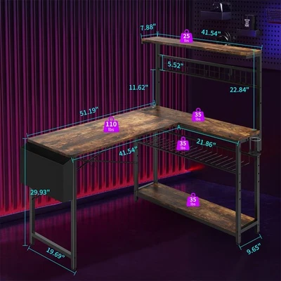 52-дюймовый L-образный игровой стол со светодиодной подсветкой розетки питания угловой компьютерный стол - Изображение 1 из 4