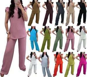 Womens Pop Corn Short Frill Sleeve Top & Wide Leg Trousers 2Pcs Co ord Set - Picture 1 of 17