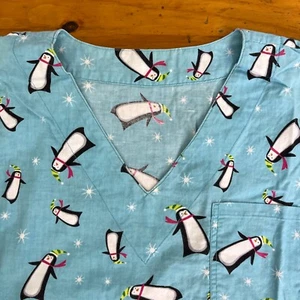 Handmade Womens Scrub Top Penguins Blue Winter Novelty Fabric Large V-Neck - Picture 1 of 6