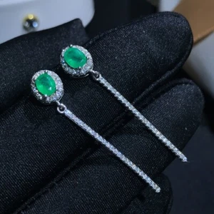 Natural Green Emerald Halo Drop/Dangle Earrings 14K White/Rose Gold Cover Silver - Picture 1 of 8