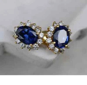 14K Yellow Gold Plate 2Ct Oval Lab Created Sapphire & Diamond Halo Stud Earrings - Picture 1 of 2