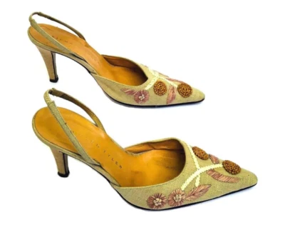 Richard Tyler желтовато-коричневый бежевый льняной довольно вышитый острый носок слинга каблуки 6 М - Изображение 1 из 4