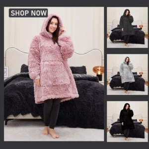 Ladies Shaggy Hoodie Blanket Giant Wearable Oversized Fluffy Fur Hooded Hoody UK - Picture 1 of 41