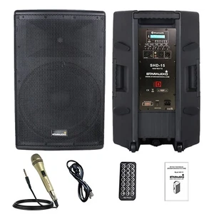 15" PA Powered Active Bluetooth Speaker & Handheld Metal Wire Karaoke Microphone - Picture 1 of 24