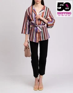 RRP€240 NIU Kimono Jacket Size L Brown Lightweight Striped Multicolour Tie Belt - Picture 1 of 8