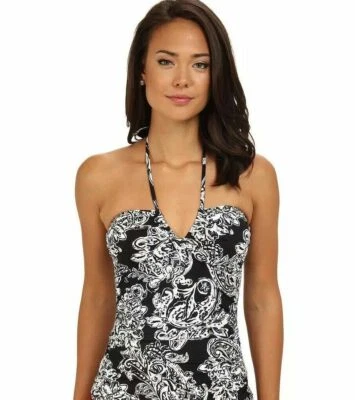 RALPH LAUREN DEAUVILLE V NECK PAISLEY HALTER TANKINI SWIM TOP BLACK WHITE SIZE 6 - Image 1 of 4