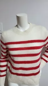 NEW WHITE + WARREN WOMEN'S BRIGHT WHITE /TRUE RED CASHMERE STRIP CREWNECK SIZE S - Picture 1 of 4