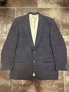 I56 Vintage BURBERRY Navy Blue Glen Plaid Wool Blazer Sport Coat jacket 46R - Picture 1 of 11