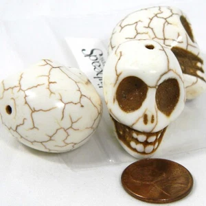 3 Huge 1 1/8 inch Beige Stone Natural Tan Skull Bone Beads w/ Cracks & Big Hole - Picture 1 of 2