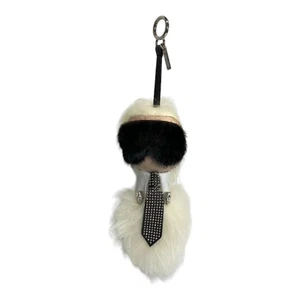 FENDI Karlito Lagerfeld Fur Keychain Keyring Leather Studs Black White - Picture 1 of 7
